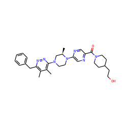 Cc1c(Cc2ccccc2)nnc(N2CCN(c3cnc(C(=O)N4CCC(CCO)CC4)cn3)[C@H](C)C2)c1C ZINC000201147930