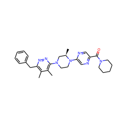 Cc1c(Cc2ccccc2)nnc(N2CCN(c3cnc(C(=O)N4CCCCC4)cn3)[C@H](C)C2)c1C ZINC000201143347