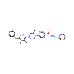 Cc1c(Cc2ccccc2)nnc(N2CCN(c3cnc(C(=O)NCCc4ccccn4)cn3)[C@H](C)C2)c1C ZINC000201148664