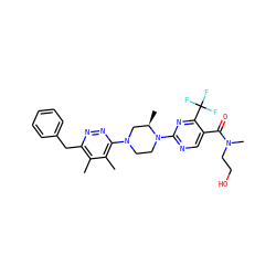 Cc1c(Cc2ccccc2)nnc(N2CCN(c3ncc(C(=O)N(C)CCO)c(C(F)(F)F)n3)[C@H](C)C2)c1C ZINC000146188581