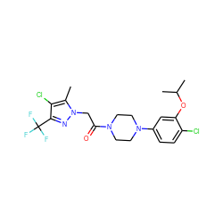 Cc1c(Cl)c(C(F)(F)F)nn1CC(=O)N1CCN(c2ccc(Cl)c(OC(C)C)c2)CC1 ZINC000095585093