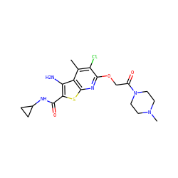 Cc1c(Cl)c(OCC(=O)N2CCN(C)CC2)nc2sc(C(=O)NC3CC3)c(N)c12 ZINC000043129836