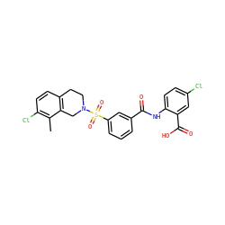 Cc1c(Cl)ccc2c1CN(S(=O)(=O)c1cccc(C(=O)Nc3ccc(Cl)cc3C(=O)O)c1)CC2 ZINC000040975644