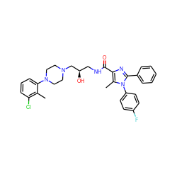 Cc1c(Cl)cccc1N1CCN(C[C@H](O)CNC(=O)c2nc(-c3ccccc3)n(-c3ccc(F)cc3)c2C)CC1 ZINC000072104651