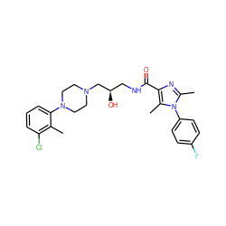 Cc1c(Cl)cccc1N1CCN(C[C@H](O)CNC(=O)c2nc(C)n(-c3ccc(F)cc3)c2C)CC1 ZINC000072106312