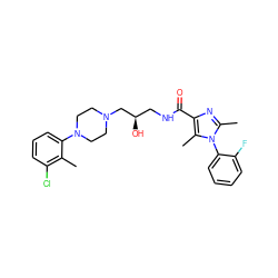 Cc1c(Cl)cccc1N1CCN(C[C@H](O)CNC(=O)c2nc(C)n(-c3ccccc3F)c2C)CC1 ZINC000072106701