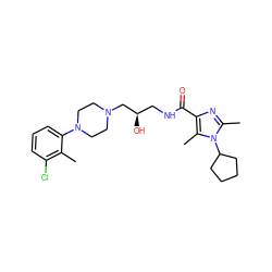 Cc1c(Cl)cccc1N1CCN(C[C@H](O)CNC(=O)c2nc(C)n(C3CCCC3)c2C)CC1 ZINC000072106081