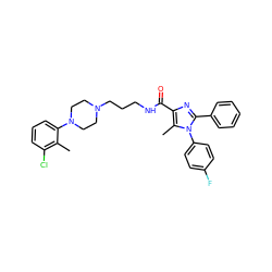 Cc1c(Cl)cccc1N1CCN(CCCNC(=O)c2nc(-c3ccccc3)n(-c3ccc(F)cc3)c2C)CC1 ZINC000072105079