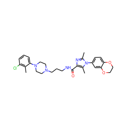 Cc1c(Cl)cccc1N1CCN(CCCNC(=O)c2nc(C)n(-c3ccc4c(c3)OCCO4)c2C)CC1 ZINC000072106091