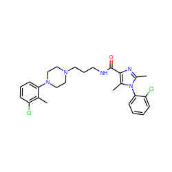 Cc1c(Cl)cccc1N1CCN(CCCNC(=O)c2nc(C)n(-c3ccccc3Cl)c2C)CC1 ZINC000072104824