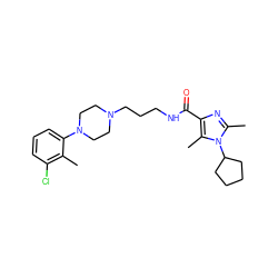 Cc1c(Cl)cccc1N1CCN(CCCNC(=O)c2nc(C)n(C3CCCC3)c2C)CC1 ZINC000072106084