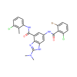 Cc1c(Cl)cccc1NC(=O)c1cc(NC(=O)c2c(Cl)cccc2Br)cc2[nH]c(N(C)C)nc12 ZINC000224754033