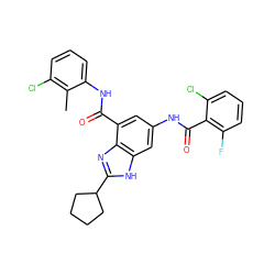 Cc1c(Cl)cccc1NC(=O)c1cc(NC(=O)c2c(F)cccc2Cl)cc2[nH]c(C3CCCC3)nc12 ZINC000205657032