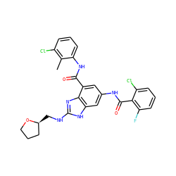 Cc1c(Cl)cccc1NC(=O)c1cc(NC(=O)c2c(F)cccc2Cl)cc2[nH]c(NC[C@H]3CCCO3)nc12 ZINC000205655534