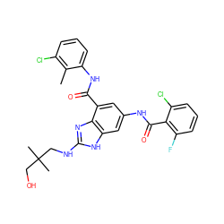 Cc1c(Cl)cccc1NC(=O)c1cc(NC(=O)c2c(F)cccc2Cl)cc2[nH]c(NCC(C)(C)CO)nc12 ZINC000205655578