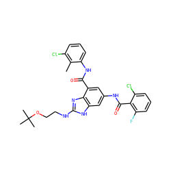 Cc1c(Cl)cccc1NC(=O)c1cc(NC(=O)c2c(F)cccc2Cl)cc2[nH]c(NCCOC(C)(C)C)nc12 ZINC000218689785