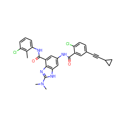 Cc1c(Cl)cccc1NC(=O)c1cc(NC(=O)c2cc(C#CC3CC3)ccc2Cl)cc2[nH]c(N(C)C)nc12 ZINC000218695963