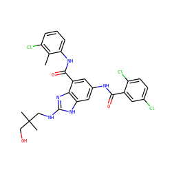 Cc1c(Cl)cccc1NC(=O)c1cc(NC(=O)c2cc(Cl)ccc2Cl)cc2[nH]c(NCC(C)(C)CO)nc12 ZINC000218694840