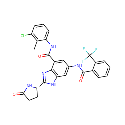 Cc1c(Cl)cccc1NC(=O)c1cc(NC(=O)c2ccccc2C(F)(F)F)cc2[nH]c([C@@H]3CCC(=O)N3)nc12 ZINC000205653404