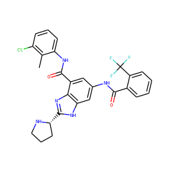 Cc1c(Cl)cccc1NC(=O)c1cc(NC(=O)c2ccccc2C(F)(F)F)cc2[nH]c([C@@H]3CCCN3)nc12 ZINC000218683546