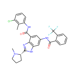 Cc1c(Cl)cccc1NC(=O)c1cc(NC(=O)c2ccccc2C(F)(F)F)cc2[nH]c([C@@H]3CCCN3C)nc12 ZINC000207745966