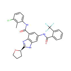 Cc1c(Cl)cccc1NC(=O)c1cc(NC(=O)c2ccccc2C(F)(F)F)cc2[nH]c([C@H]3CCCO3)nc12 ZINC000205656622