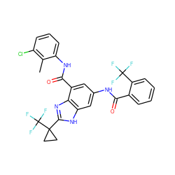 Cc1c(Cl)cccc1NC(=O)c1cc(NC(=O)c2ccccc2C(F)(F)F)cc2[nH]c(C3(C(F)(F)F)CC3)nc12 ZINC000207751830