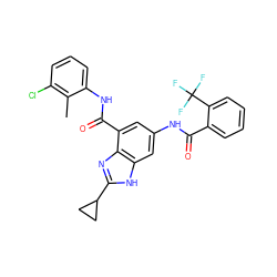 Cc1c(Cl)cccc1NC(=O)c1cc(NC(=O)c2ccccc2C(F)(F)F)cc2[nH]c(C3CC3)nc12 ZINC000218688811