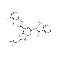 Cc1c(Cl)cccc1NC(=O)c1cc(NC(=O)c2ccccc2C(F)(F)F)cc2[nH]c(CC(C)(C)C)nc12 ZINC000205655098