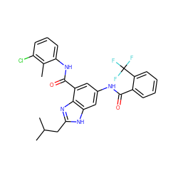 Cc1c(Cl)cccc1NC(=O)c1cc(NC(=O)c2ccccc2C(F)(F)F)cc2[nH]c(CC(C)C)nc12 ZINC000205656720