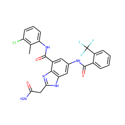 Cc1c(Cl)cccc1NC(=O)c1cc(NC(=O)c2ccccc2C(F)(F)F)cc2[nH]c(CC(N)=O)nc12 ZINC000205655484