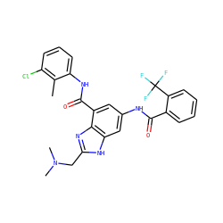 Cc1c(Cl)cccc1NC(=O)c1cc(NC(=O)c2ccccc2C(F)(F)F)cc2[nH]c(CN(C)C)nc12 ZINC000205656667