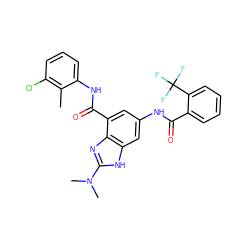 Cc1c(Cl)cccc1NC(=O)c1cc(NC(=O)c2ccccc2C(F)(F)F)cc2[nH]c(N(C)C)nc12 ZINC000205654360