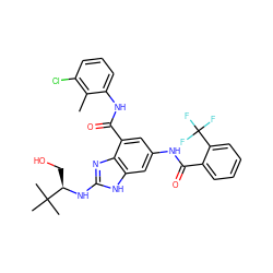 Cc1c(Cl)cccc1NC(=O)c1cc(NC(=O)c2ccccc2C(F)(F)F)cc2[nH]c(N[C@H](CO)C(C)(C)C)nc12 ZINC000205653890