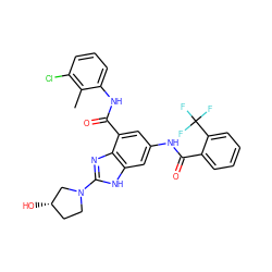 Cc1c(Cl)cccc1NC(=O)c1cc(NC(=O)c2ccccc2C(F)(F)F)cc2[nH]c(N3CC[C@H](O)C3)nc12 ZINC000205654736