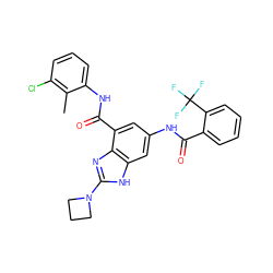 Cc1c(Cl)cccc1NC(=O)c1cc(NC(=O)c2ccccc2C(F)(F)F)cc2[nH]c(N3CCC3)nc12 ZINC000205653864