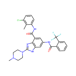 Cc1c(Cl)cccc1NC(=O)c1cc(NC(=O)c2ccccc2C(F)(F)F)cc2[nH]c(N3CCN(C)CC3)nc12 ZINC000218680214