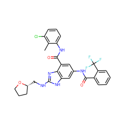 Cc1c(Cl)cccc1NC(=O)c1cc(NC(=O)c2ccccc2C(F)(F)F)cc2[nH]c(NC[C@@H]3CCCO3)nc12 ZINC000213828255