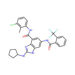 Cc1c(Cl)cccc1NC(=O)c1cc(NC(=O)c2ccccc2C(F)(F)F)cc2[nH]c(NC3CCCC3)nc12 ZINC000205653378