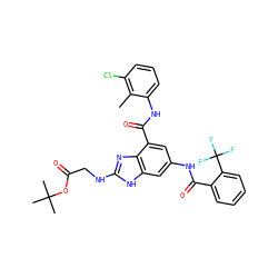 Cc1c(Cl)cccc1NC(=O)c1cc(NC(=O)c2ccccc2C(F)(F)F)cc2[nH]c(NCC(=O)OC(C)(C)C)nc12 ZINC000218688493