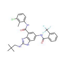 Cc1c(Cl)cccc1NC(=O)c1cc(NC(=O)c2ccccc2C(F)(F)F)cc2[nH]c(NCC(C)(C)C)nc12 ZINC000218679743