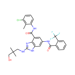 Cc1c(Cl)cccc1NC(=O)c1cc(NC(=O)c2ccccc2C(F)(F)F)cc2[nH]c(NCC(C)(C)CO)nc12 ZINC000205653567