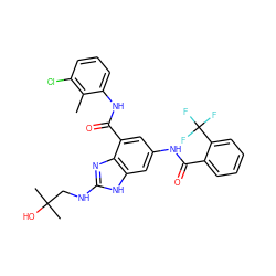 Cc1c(Cl)cccc1NC(=O)c1cc(NC(=O)c2ccccc2C(F)(F)F)cc2[nH]c(NCC(C)(C)O)nc12 ZINC000218686311