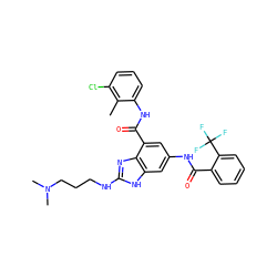 Cc1c(Cl)cccc1NC(=O)c1cc(NC(=O)c2ccccc2C(F)(F)F)cc2[nH]c(NCCCN(C)C)nc12 ZINC000205653624