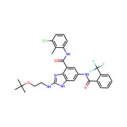 Cc1c(Cl)cccc1NC(=O)c1cc(NC(=O)c2ccccc2C(F)(F)F)cc2[nH]c(NCCOC(C)(C)C)nc12 ZINC000218701889