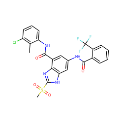 Cc1c(Cl)cccc1NC(=O)c1cc(NC(=O)c2ccccc2C(F)(F)F)cc2[nH]c(S(C)(=O)=O)nc12 ZINC000207756824