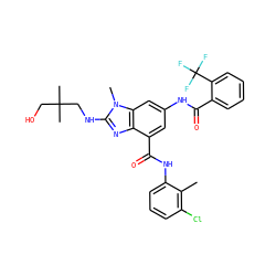 Cc1c(Cl)cccc1NC(=O)c1cc(NC(=O)c2ccccc2C(F)(F)F)cc2c1nc(NCC(C)(C)CO)n2C ZINC000218701583