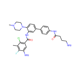 Cc1c(F)c(N)cc(C(=O)Nc2cc(-c3ccc(NC(=O)CCCN)cc3)ccc2N2CCN(C)CC2)c1Cl ZINC001772655675