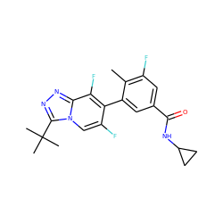 Cc1c(F)cc(C(=O)NC2CC2)cc1-c1c(F)cn2c(C(C)(C)C)nnc2c1F ZINC000084733728