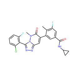 Cc1c(F)cc(C(=O)NC2CC2)cc1-c1cc2nnc(-c3c(F)cccc3Cl)n2n(C)c1=O ZINC000082156171